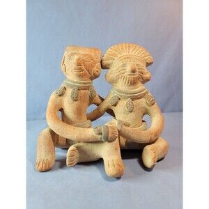 Mayan Couple Clay Figure Handmade in Mexico Folk Aztec Inca Art Pottery Statue